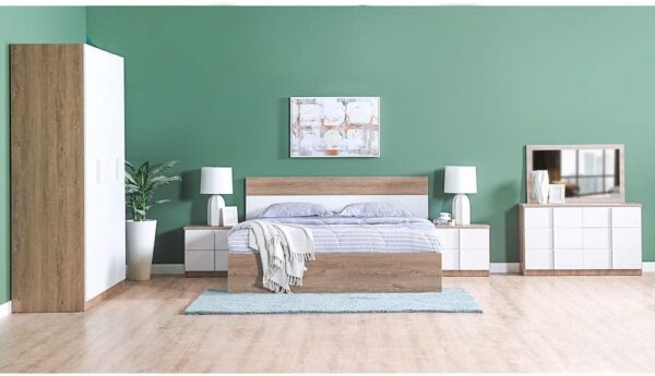 Danube Home Allano 5 Pieces Bed Set King Size (180X200Cm) + 2 Night Stands And Dresser With Mirror | Comfortable Bedset Full | Sturdy Modern Design Wooden Bed Room Set Furnitures-Dark Oak/White