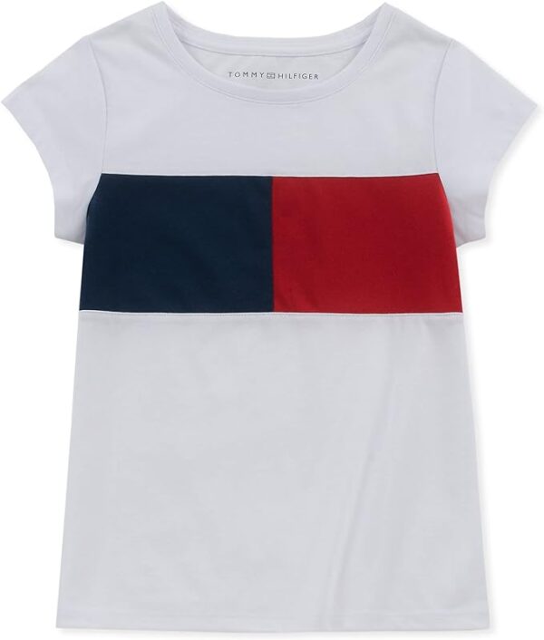 Tommy Hilfiger Girls Short Sleeve Scoop Neck T-Shirt, Crewneck & Pull On Style, Flag Logo Print