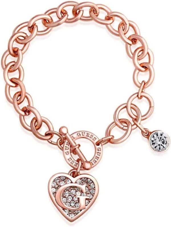 GUESS Rose Gold-Tone Round Link Chain Bracelet with Heart & Logo Charms