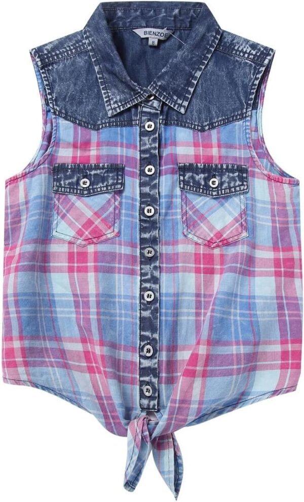 Bienzoe Girls Crop Tank Tops: Cowgirl Plaid Sleeveless Button Down Western Casual Blouse