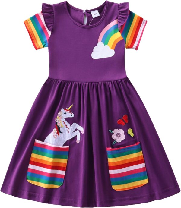 JUXINSU Toddler Cotton Girl Summer Short Sleeve Dress Rainbow Pony Cartoon for Girls 3-7 Years