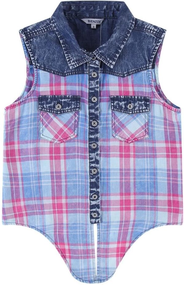 Bienzoe Girls Crop Tank Tops: Cowgirl Plaid Sleeveless Button Down Western Casual Blouse - Image 3