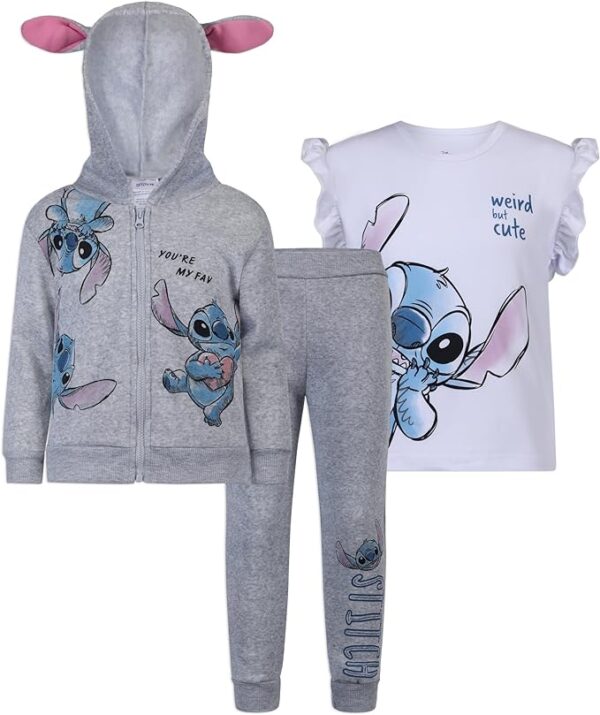 Disney Lilo and Stitch Girls Zip up Hoodie, T-Shirt and Pants Set for Toddlers and Big Kids – Grey/White